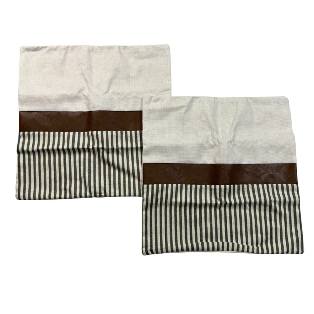 Set of 2 cygnus Modern Farmhouse Striped Faux Leather Throw Pillow Covers 18x18